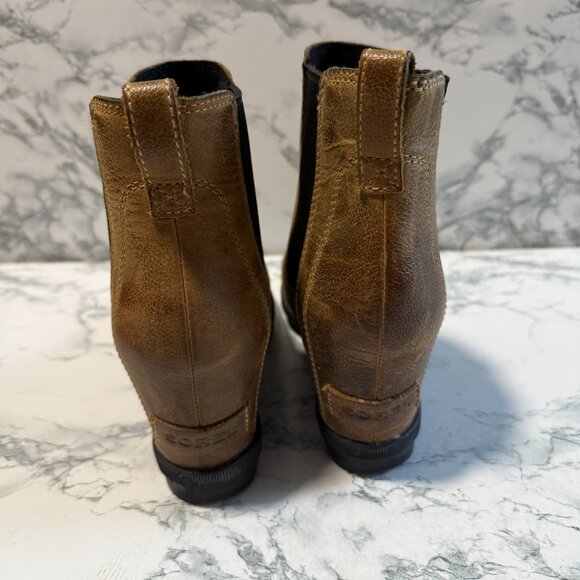 Sorel Women 7.5 Joan of Arctic Boot Tan Hidden Wedge Burnished Leather Chelsea - Picture 5 of 7